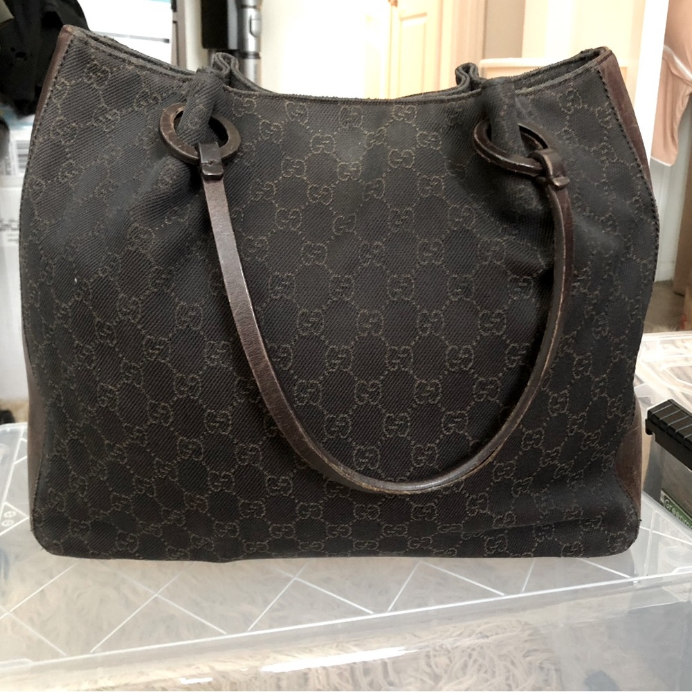 GUCCI Chocolate Denim Tote with Leather Pouch
